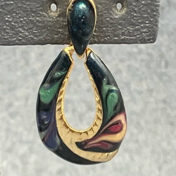 Clip On Earrings As Is Teardrop Hoop Gold Green Red Cream Enamel Swirl USA - Picture 3 of 7